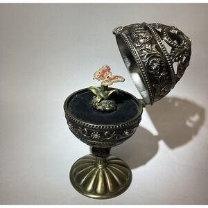Vintage Enameled Butterfly Jeweled Rotating Music Box Egg 7"